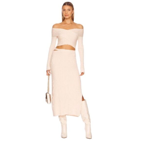 Jonathan Simkhai Standard Cream Ribbed Knit Archie Cutout Midi Skirt Size Small - Picture 1 of 13